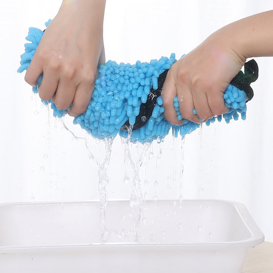 Pet owner drying dog with chenille microfiber bath towel