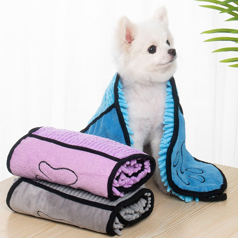 Pet bath towel shown in purple — super-absorbent for cats and dogs